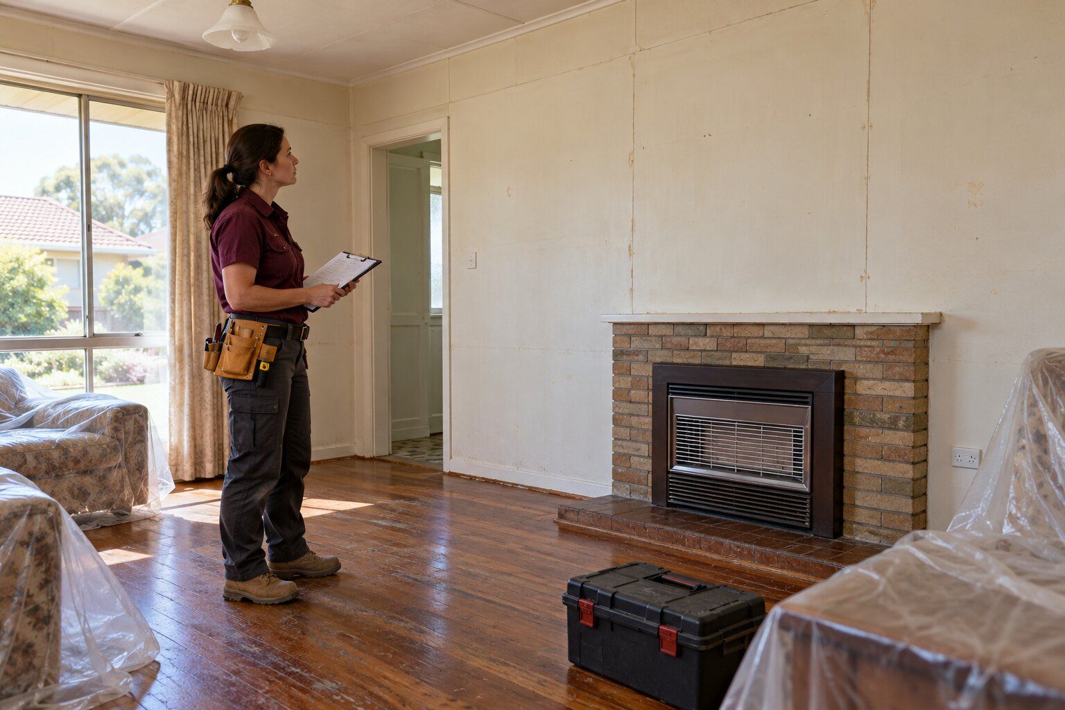 Asbestos check, Adelaide: carpenter with a clipboard studying old wall sheeting beside a brick fireplace before renovating