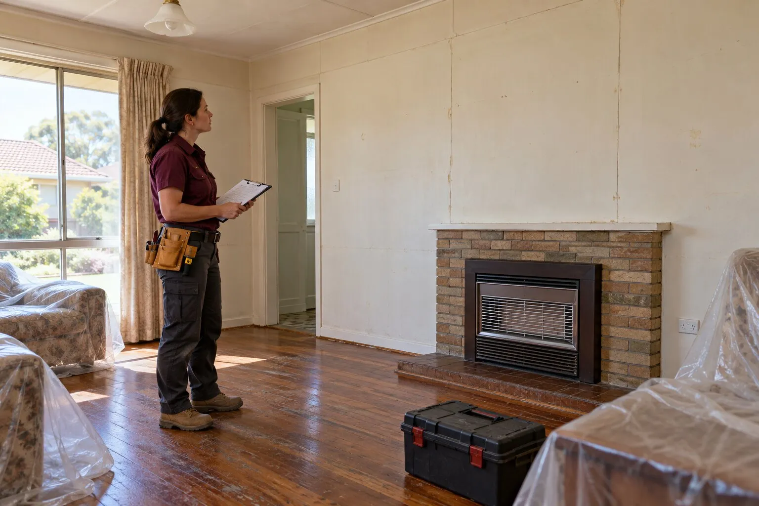 Asbestos check, Adelaide: carpenter reading a report beside a fibre-cement lined wall before renovation work starts