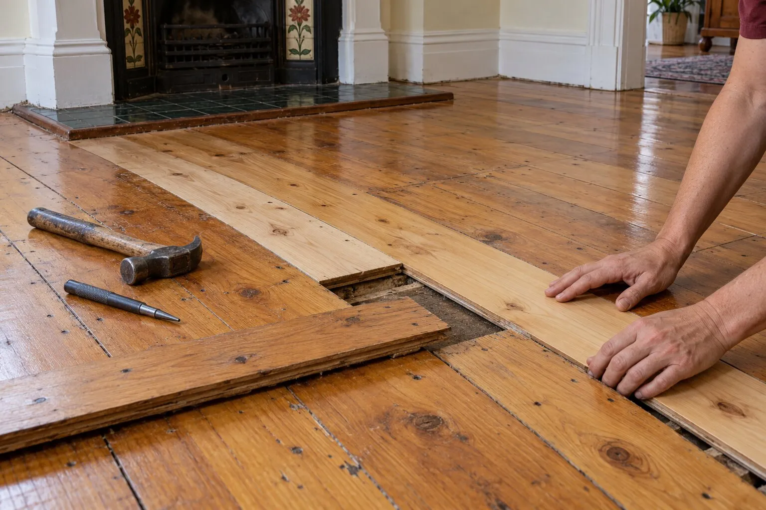 Baltic pine floorboards, Adelaide: a lighter replacement board being fitted into an old honey-coloured tongue-and-groove floor