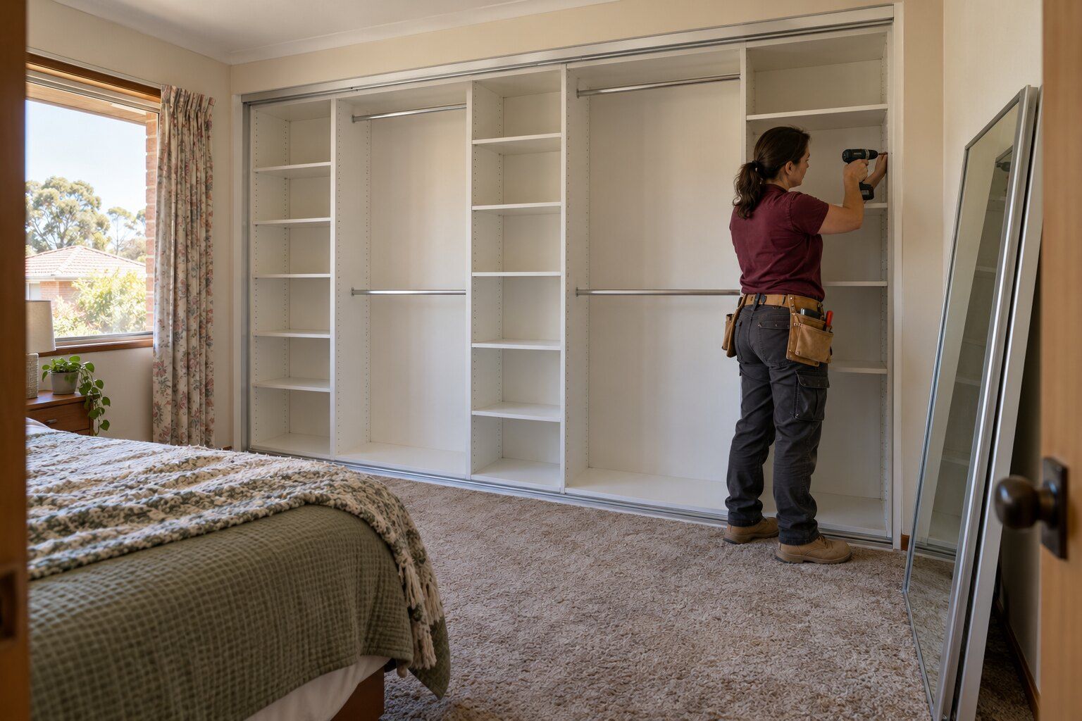 Built-in wardrobes, Adelaide: carpenter fixing a shelf inside a new white built-in robe with hanging rails and sliding door tracks