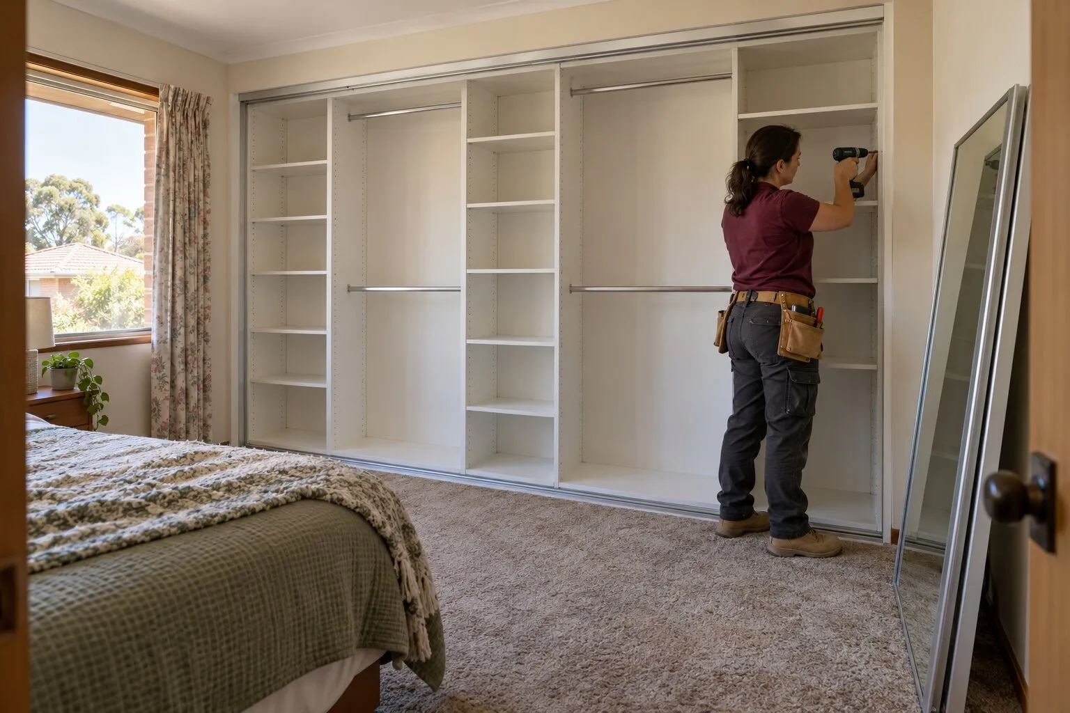 Built-in wardrobes, Adelaide: carpenter fixing a shelf inside a new white built-in robe across a bedroom wall