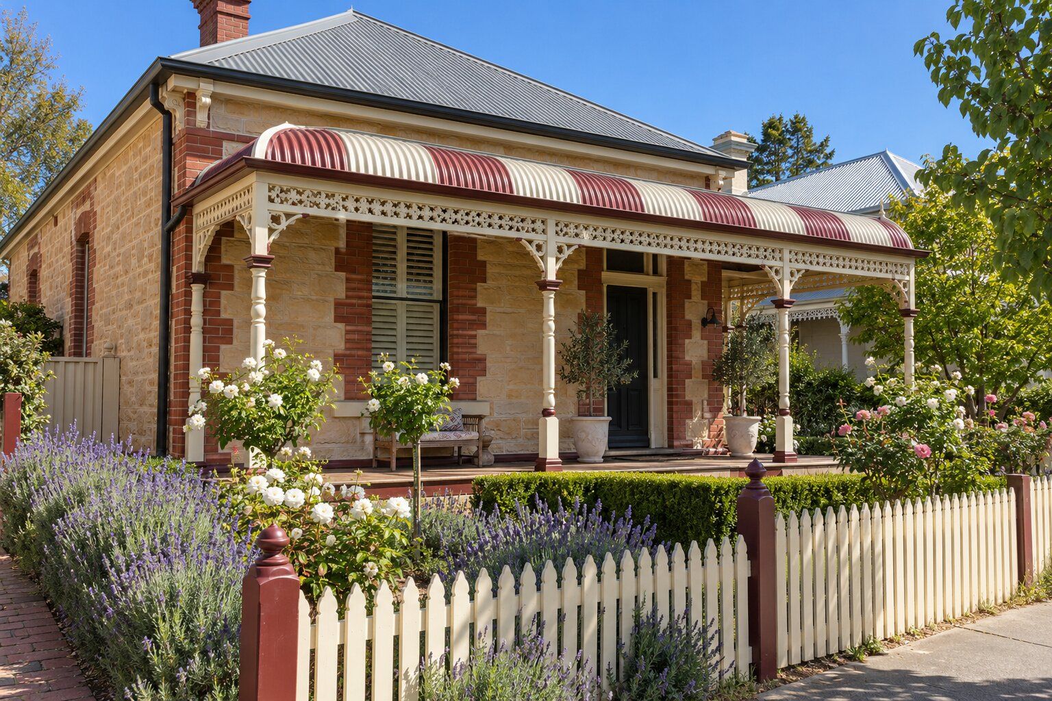 Bullnose verandah, Adelaide: a sandstone villa with a curved striped verandah roof, turned timber posts and fretwork
