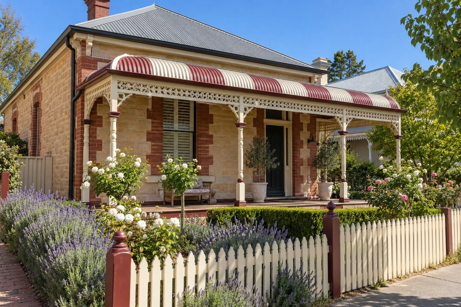 Verandahs, Adelaide: a sandstone villa with a curved striped bullnose verandah roof, timber posts and fretwork behind a picket fence