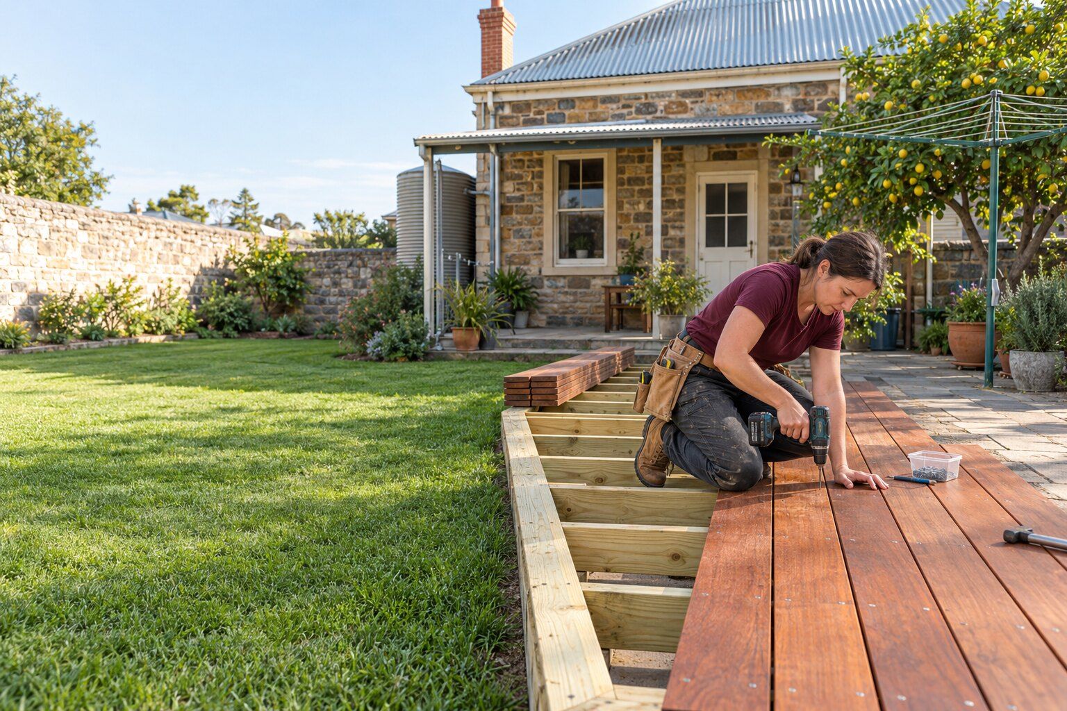 Carpenter Adelaide: carpenter screwing down merbau decking boards on a new deck behind a bluestone villa