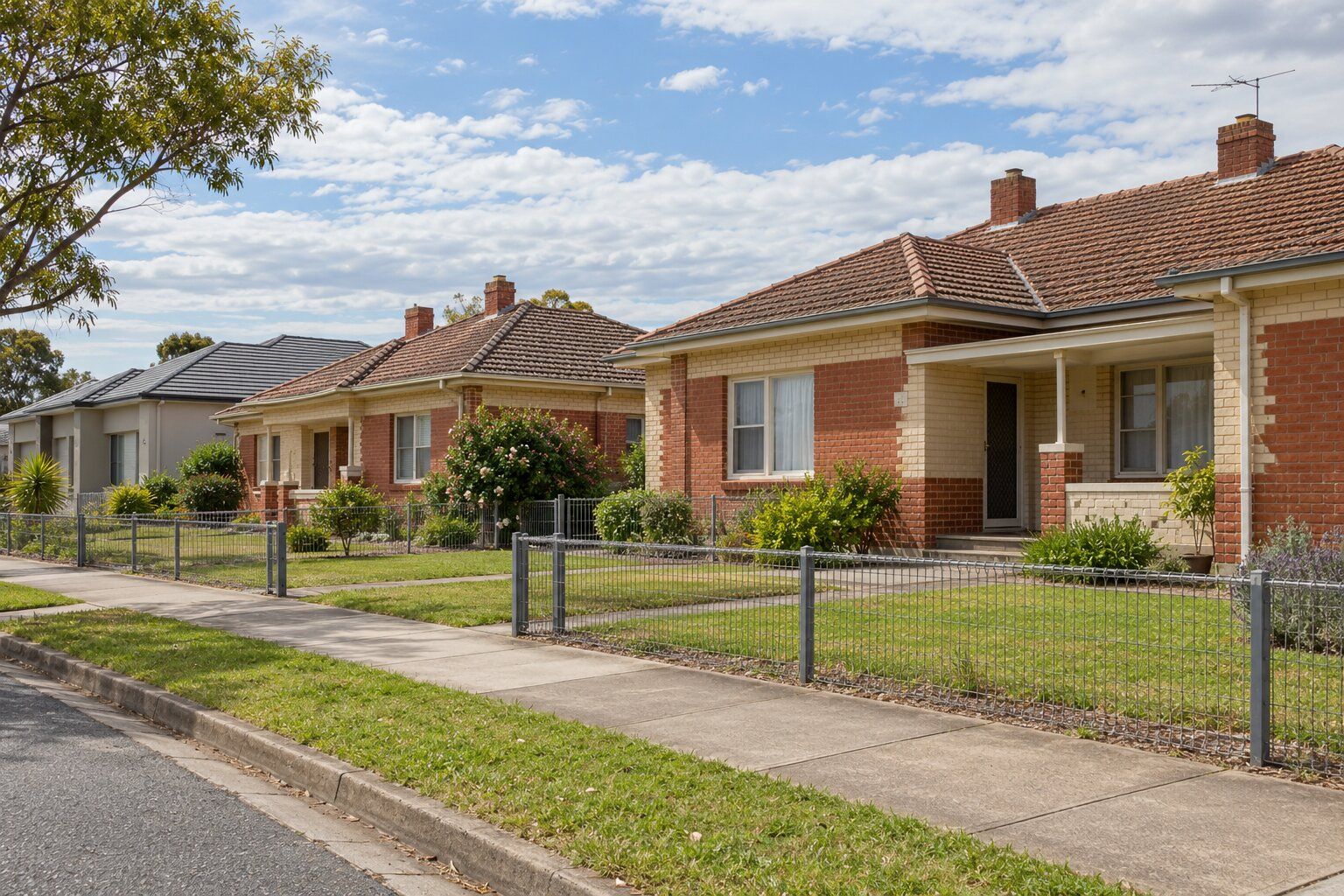 Carpenter, northern suburbs Adelaide: red-brick and cream-brick homes with tiled roofs behind low wire fences and lawns