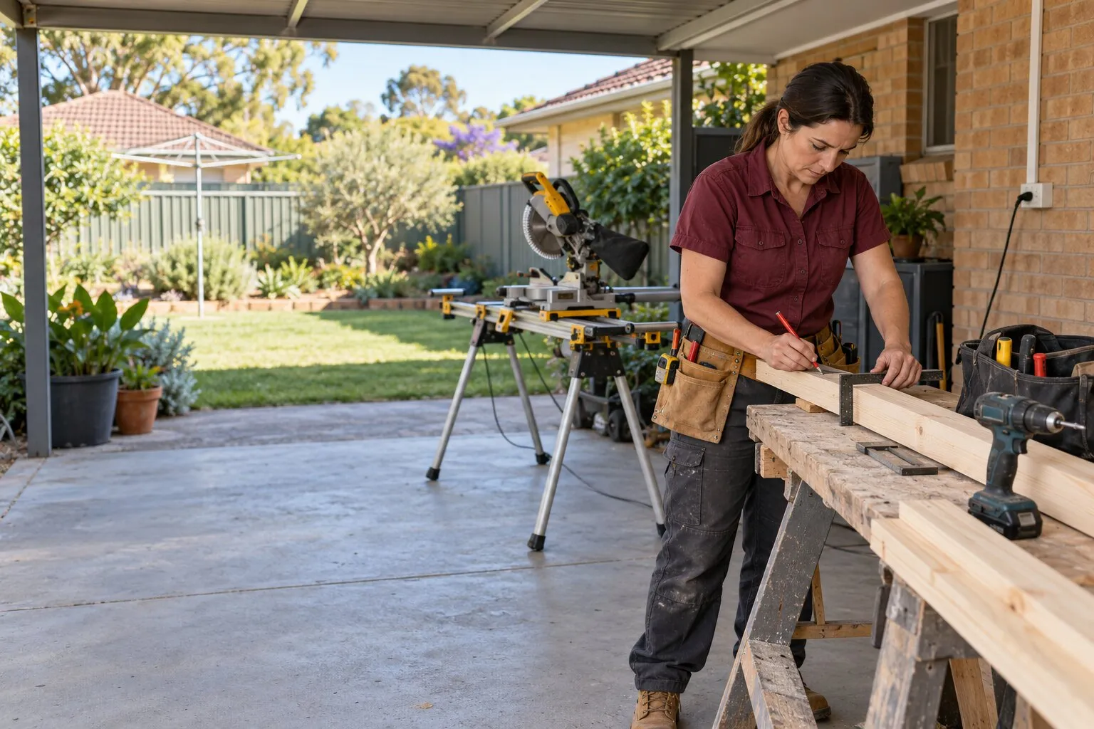 Carpenter rates, Adelaide: carpenter marking a cut on a length of pine with a square at a carport workbench