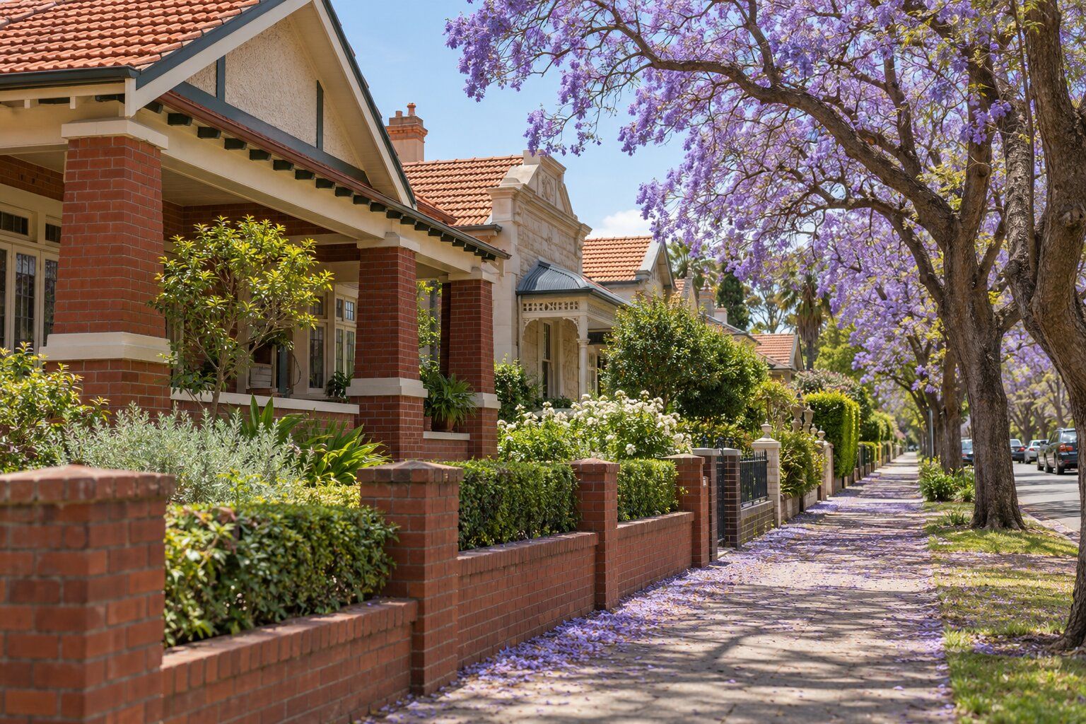 Carpenter, Unley and Mitcham Adelaide: red-brick bungalow porch and a villa with a bullnose verandah under jacarandas