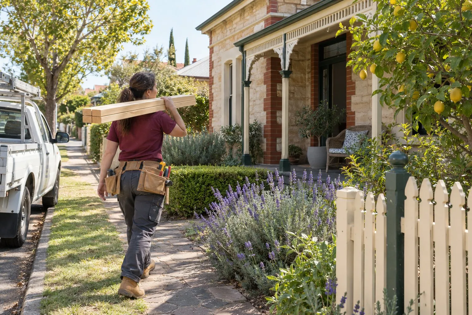 Carpentry, Adelaide: carpenter carrying lengths of timber up the path to the verandah of a sandstone villa