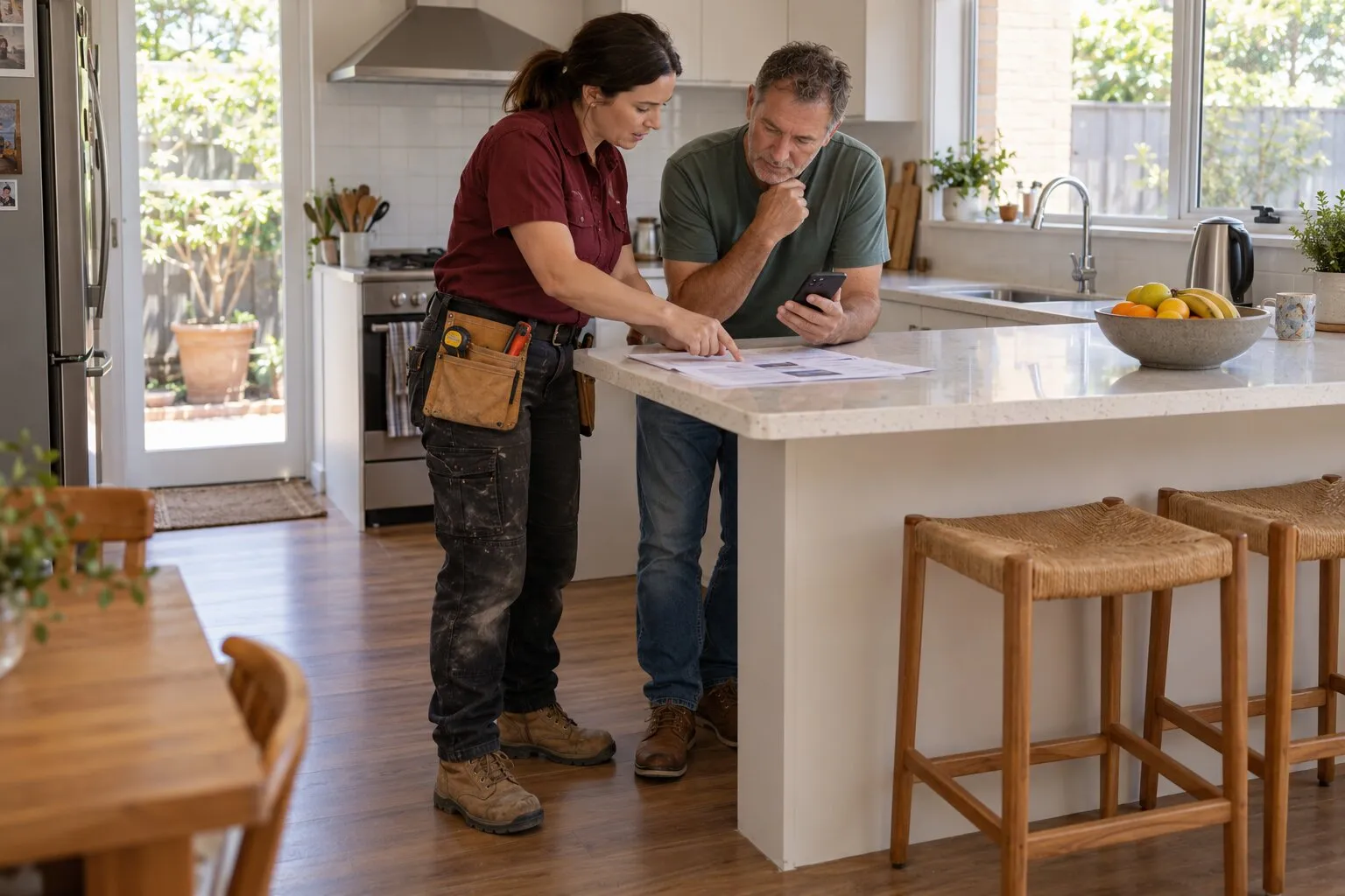 Checking a builder's licence, SA: carpenter and homeowner going over a written quote at a kitchen bench