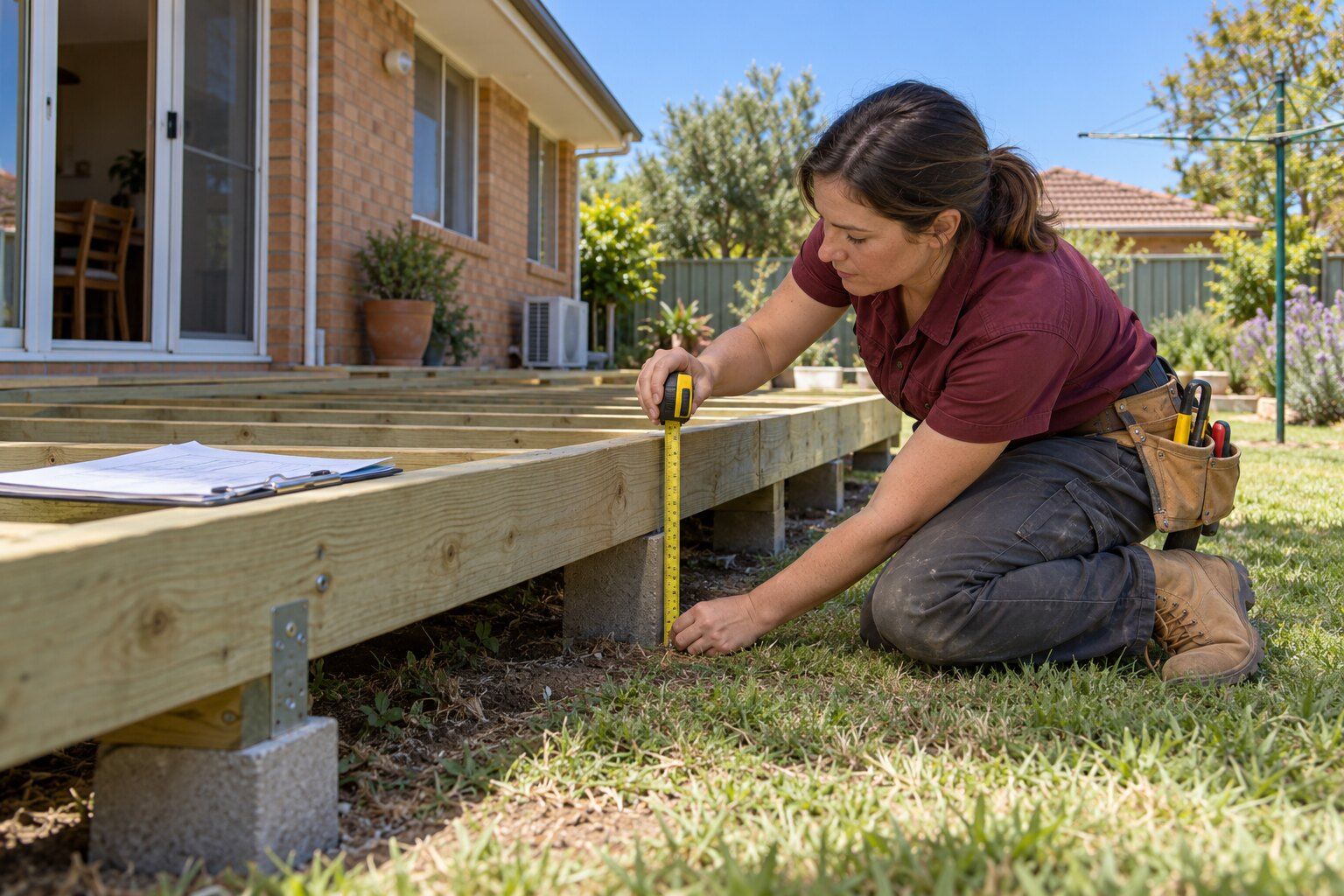 Deck approval, Adelaide: carpenter measuring a new treated-pine deck frame's height above the lawn behind a brick home