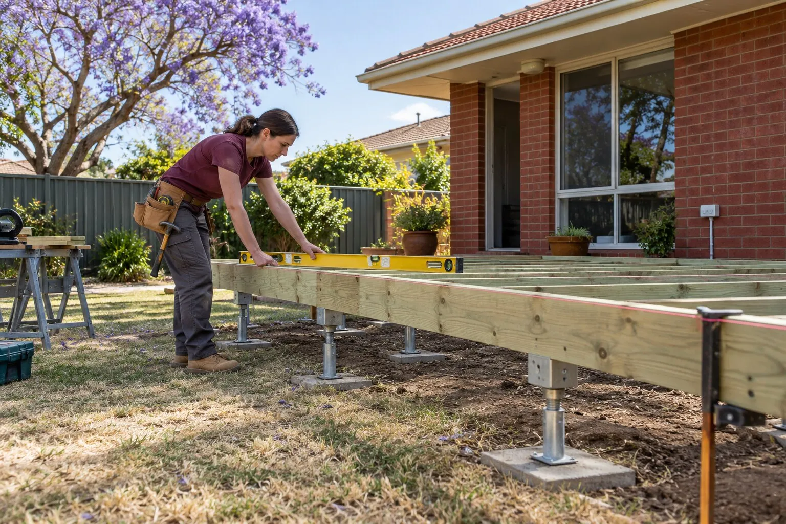 Deck building, Adelaide: carpenter levelling treated-pine joists on steel stumps behind a red-brick home