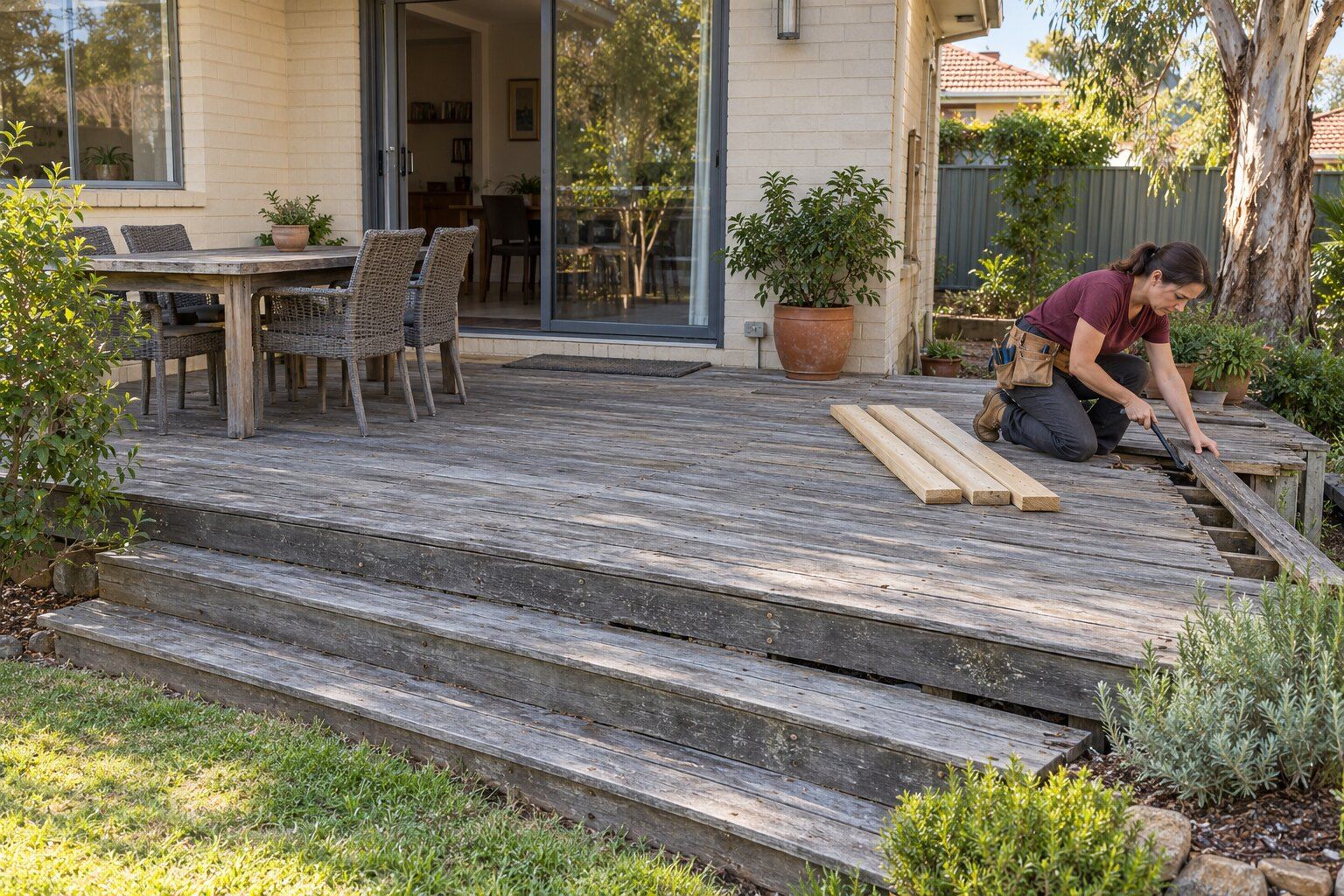 Deck repairs, Adelaide: carpenter prising up a weathered grey decking board, with new boards stacked beside her