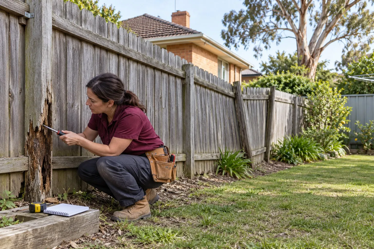 Dividing fence, SA: carpenter checking a rotted post in an old timber paling fence between two backyards