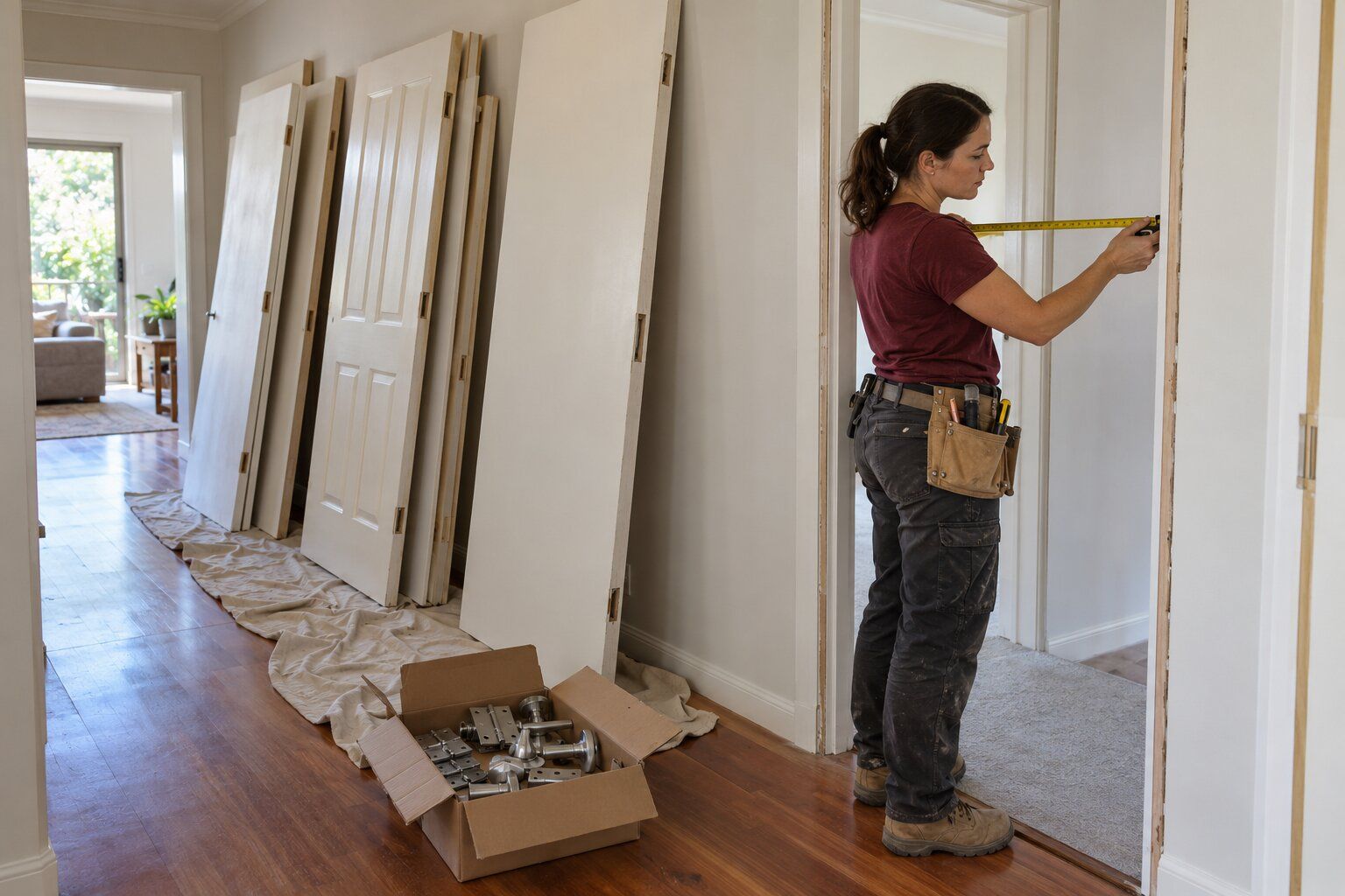 Door installation cost, Adelaide: carpenter measuring an empty door frame beside new panel and flush doors in a hallway