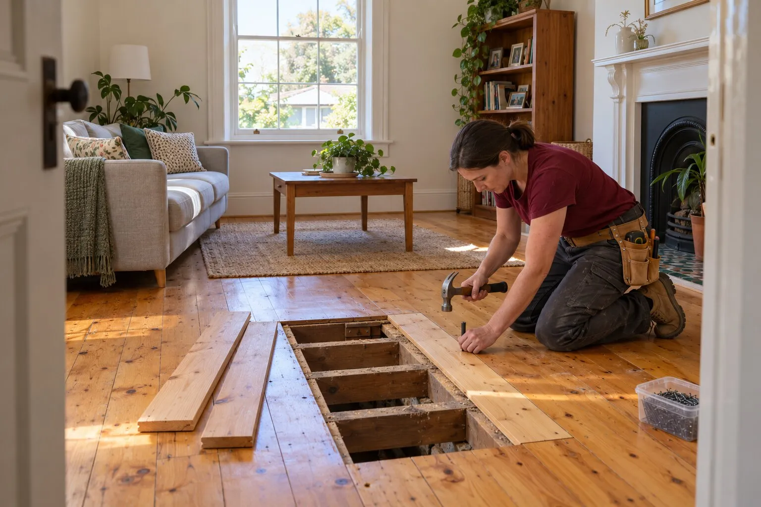 Floorboard repairs, Adelaide: carpenter fixing a new board into a Baltic pine floor in a villa living room