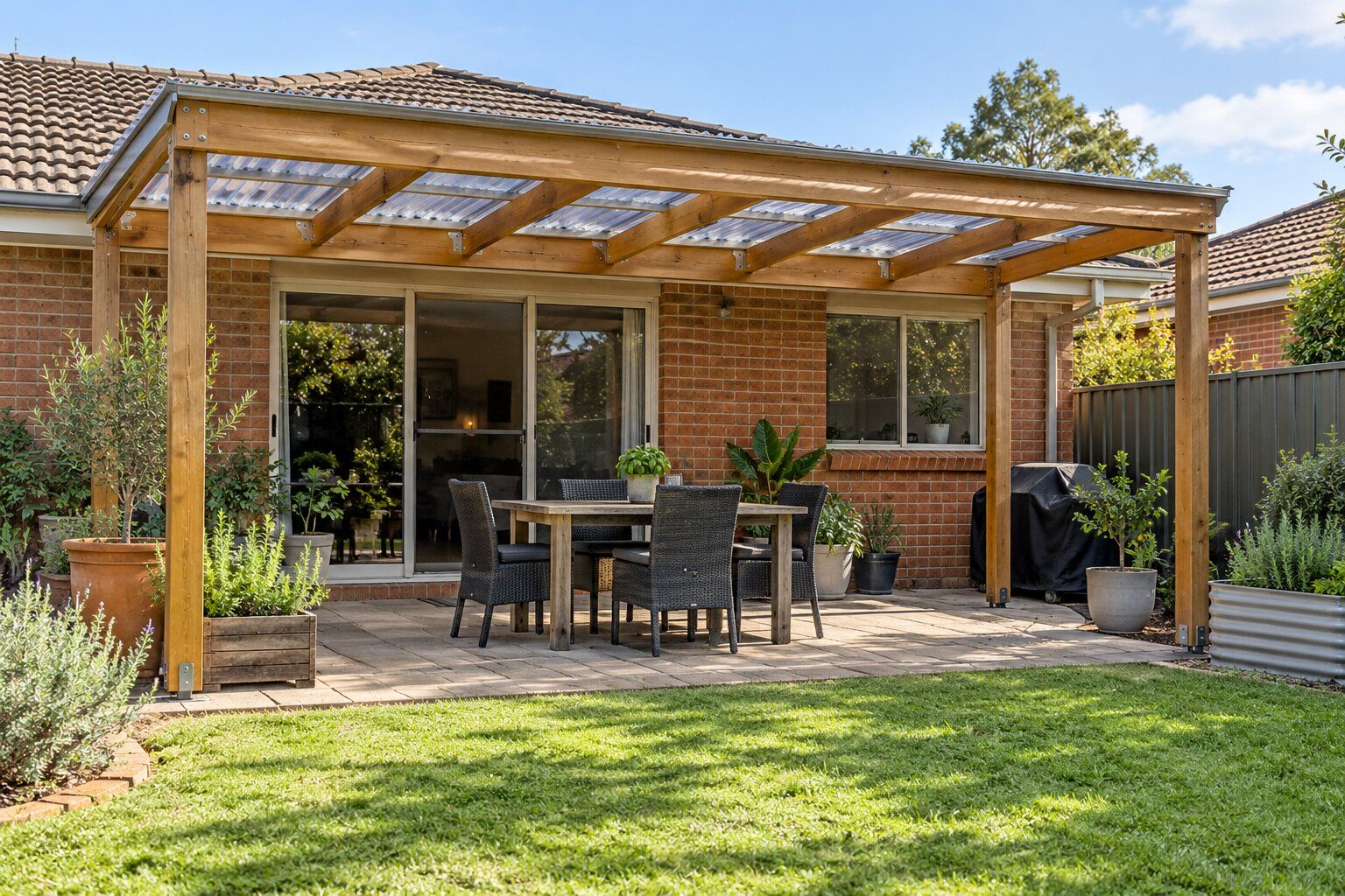 Pergola cost, Adelaide: a timber pergola with a clear polycarbonate roof over a paved patio behind a brick home