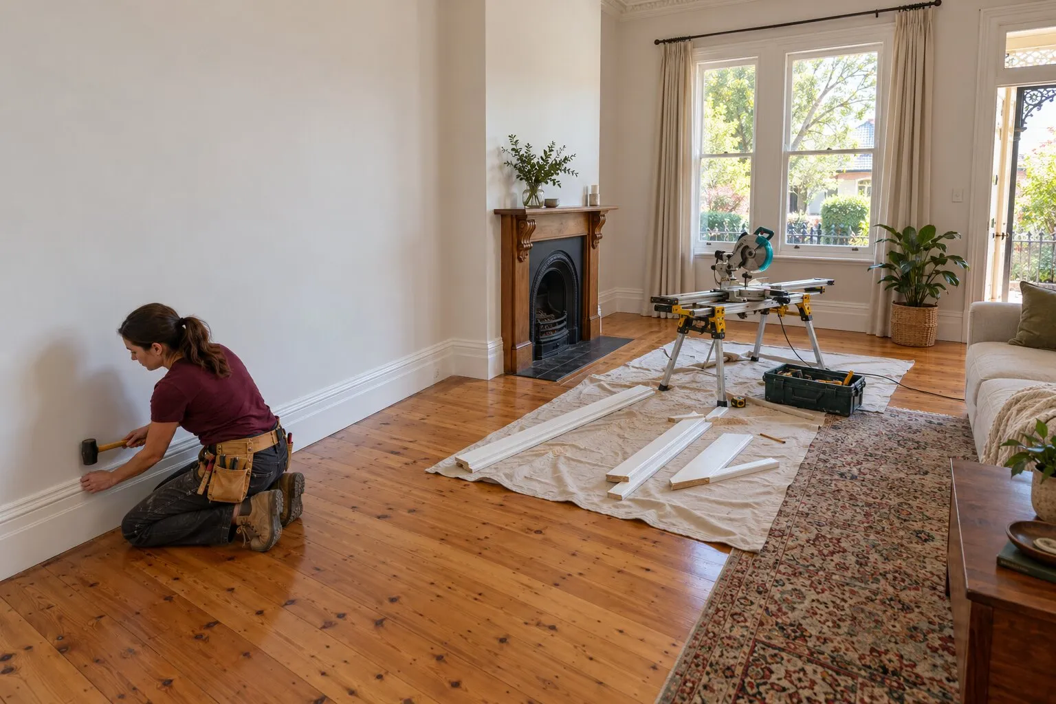 Skirting boards, Adelaide: carpenter fitting a tall period skirting board beside a Baltic pine floor in a villa