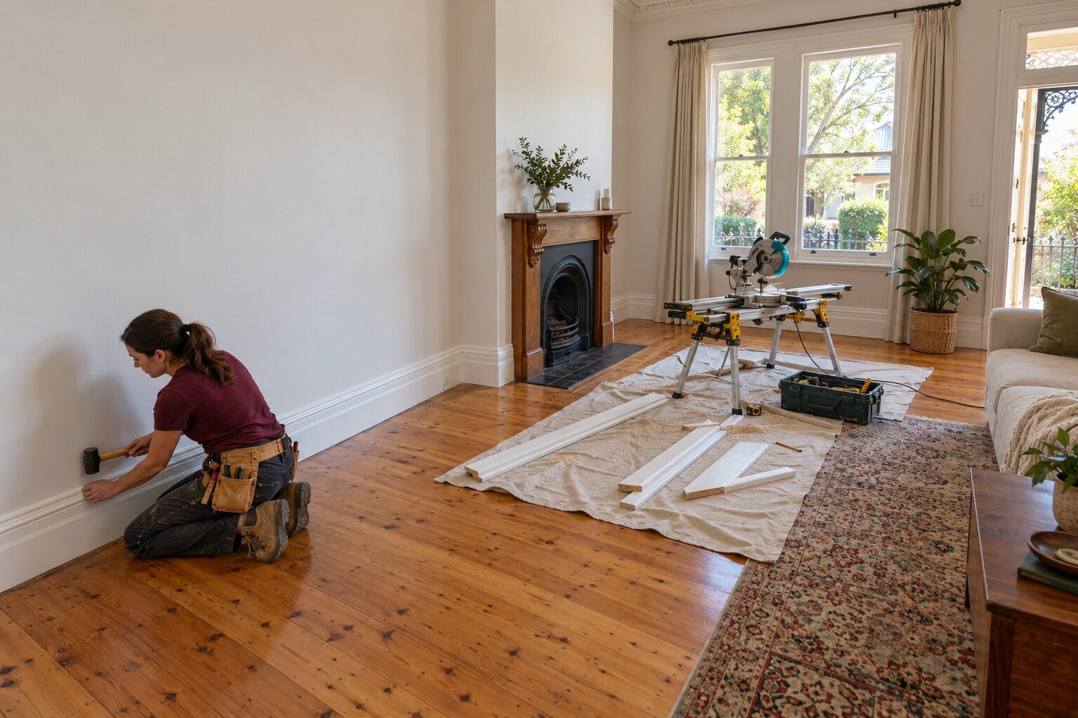 Skirting boards, Adelaide: carpenter tapping a tall white skirting board into place beside a Baltic pine floor in a villa