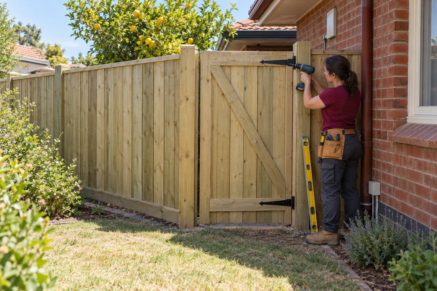 Timber gates, Adelaide: carpenter drilling a strap hinge onto a new ledged-and-braced side gate beside a paling fence